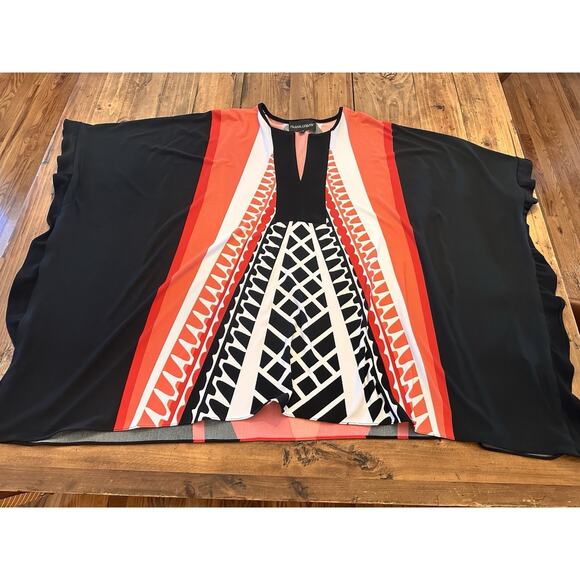 Frank Lyman Poncho Top Shirt Size Large Geometric V Neck Drape Stretch Blouse - Picture 3 of 8